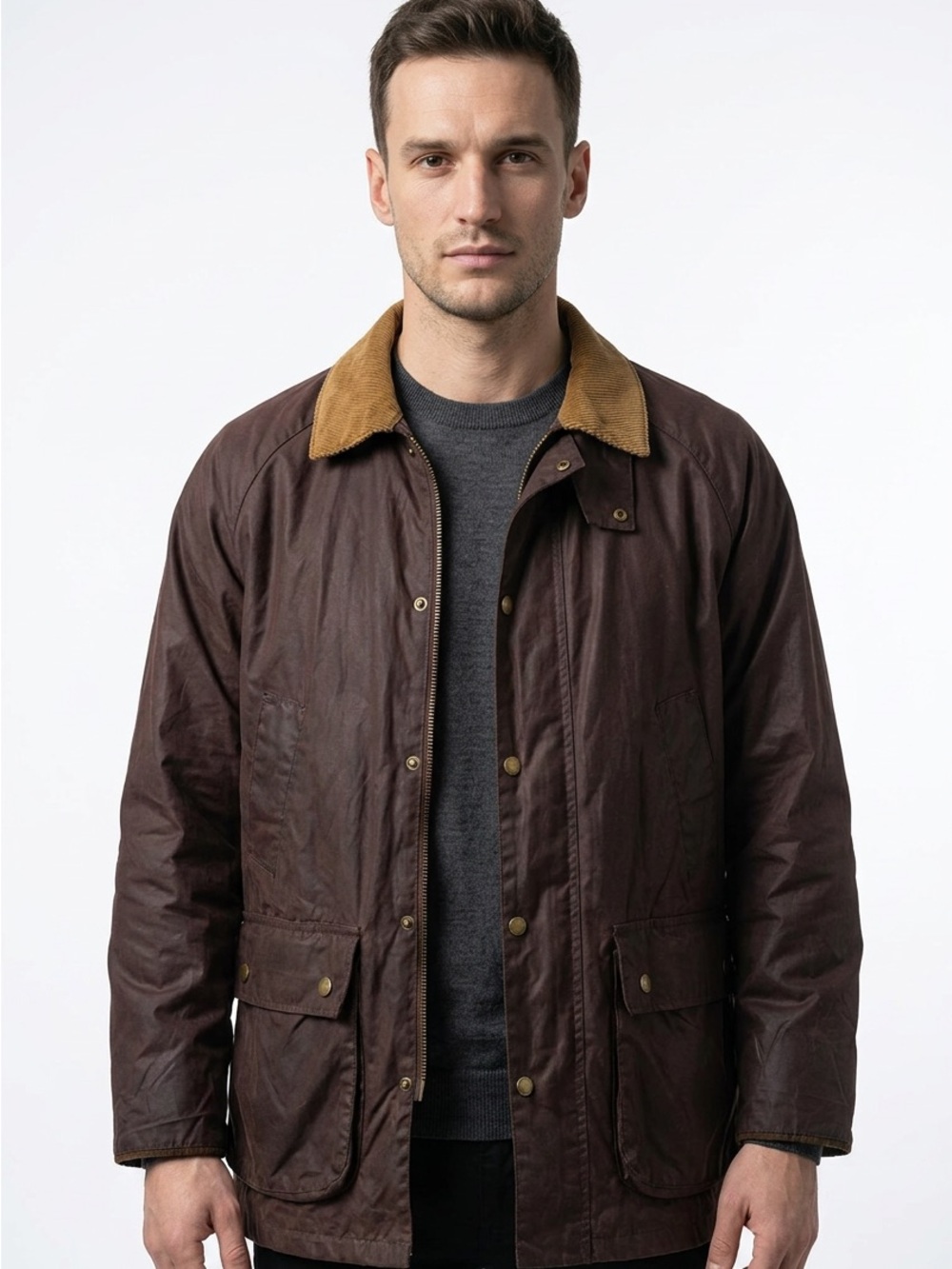 Woolrich Mens Waxed Cotton Barn Jacket Corduroy Collar Plum Brown Field Coat L